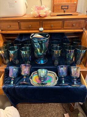 Indiana Glass Iridescent Blue-Green Carnival Glass Pitcher and Glassware Set
